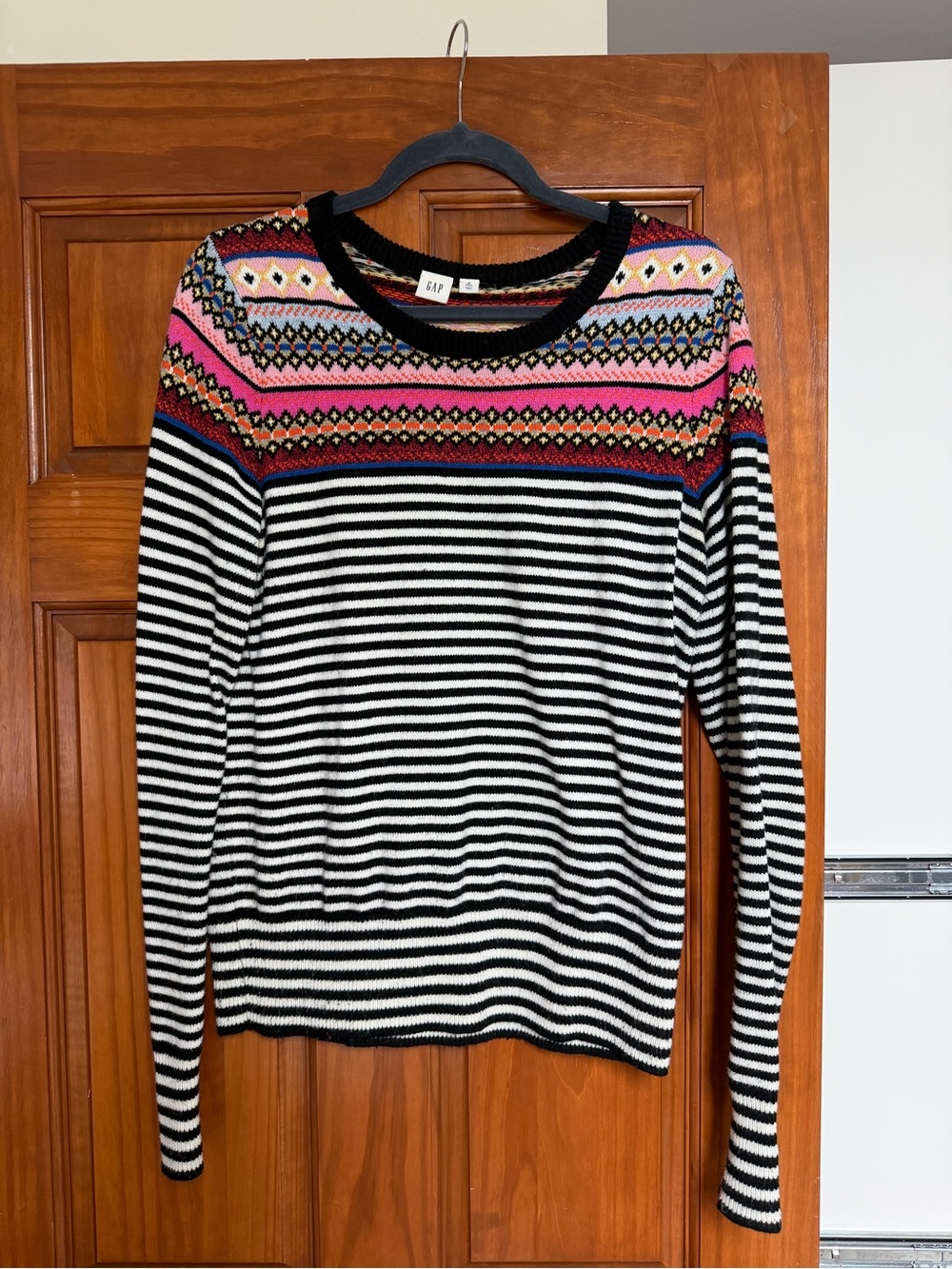 GAP Black & White Striped Sweater with Pink Fair Isle Yoke